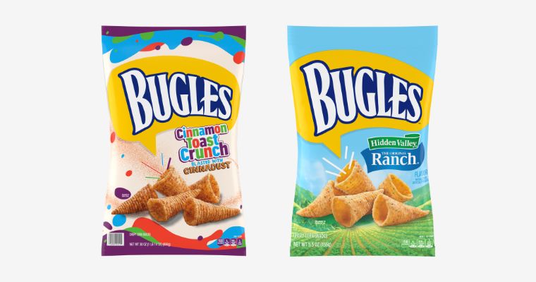 Straight on 3D foil bag packaging images of Cinnamon Toast Crunch and Hidden Valley Ranch Bugles.