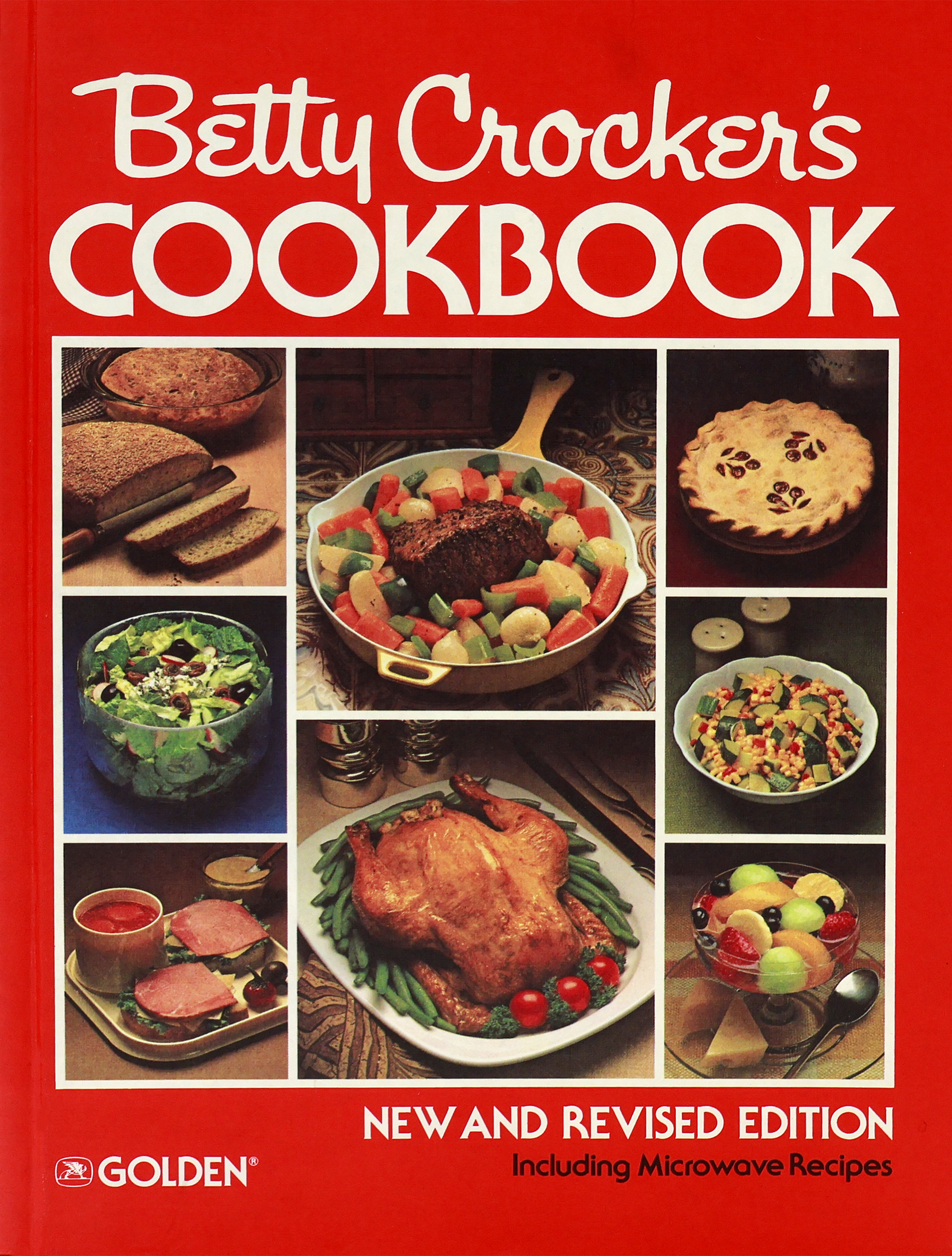 Cover of the 1978 Betty Crocker Cookbook with a red cover that has 8 squares. Two large squares in middle have a skillet with a beef roast and vegetables and a turkey with green beans. The 6 smaller squares have casserole bread, salad, soup and sandwich, cherry pie, mixed vegetables and fruit in a low-stemmed dish.  