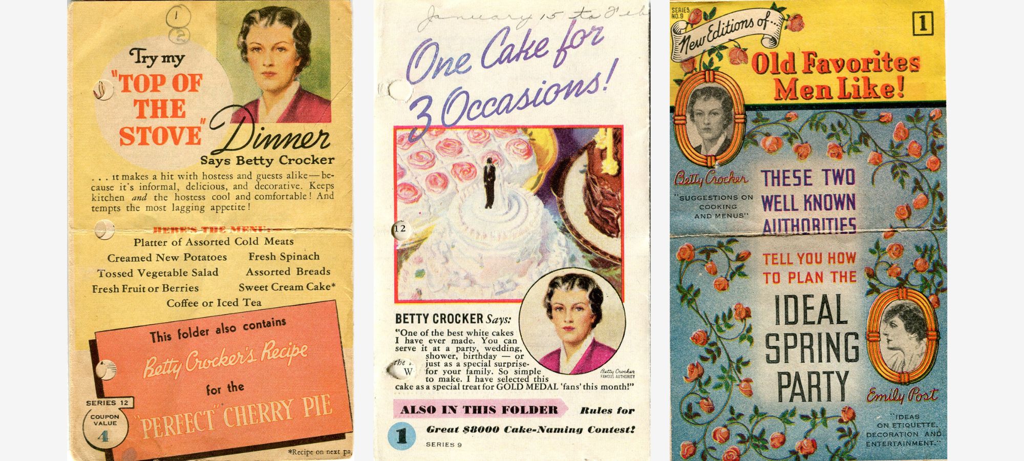 A collage of three vintage Betty Crocker recipe pamphlets from the 1940s.