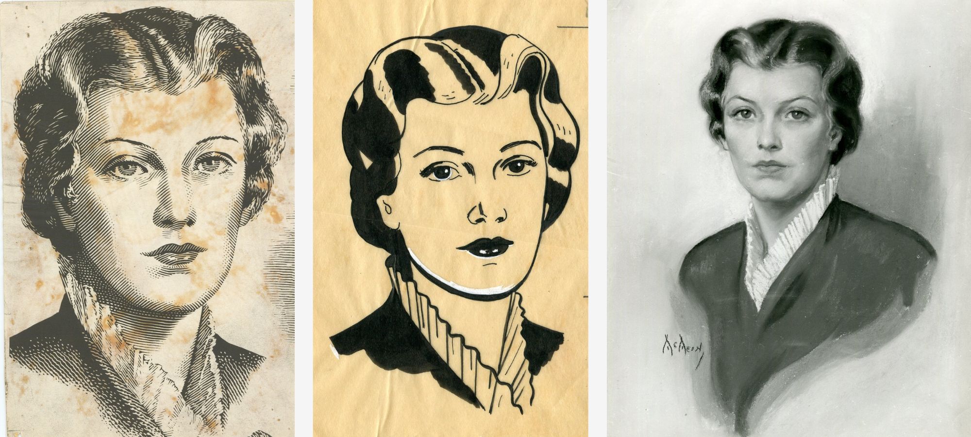 The creative process for the first Betty Crocker portrait, showing the initial sketch, an ink drawing, and the final painted portrait from 1936.